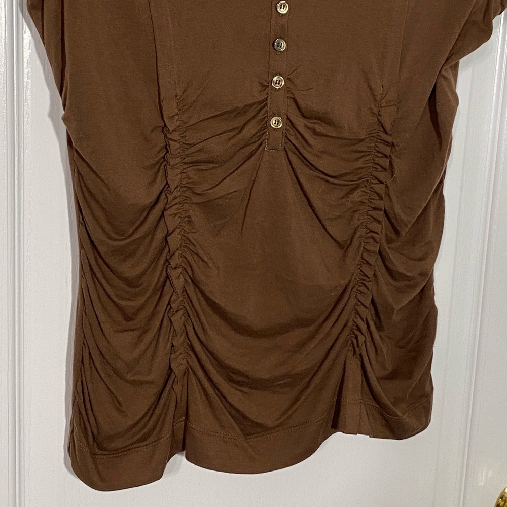 Y2K Nine West Ruched Front Collared V Neck Knit Blouse Brown Size Medium - Picture 3 of 7